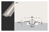 Zilverkleurig aluminium LED-profiel met matte afdekking, technische tekening met afmetingen in mm voor inbouwverlichting.