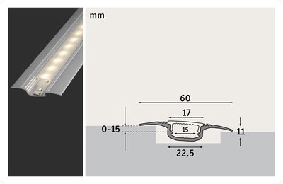Aluminium LED-Profil in Silber mit milchiger Abdeckung, technische Zeichnung mit Maßen in mm für Einbauleuchte.