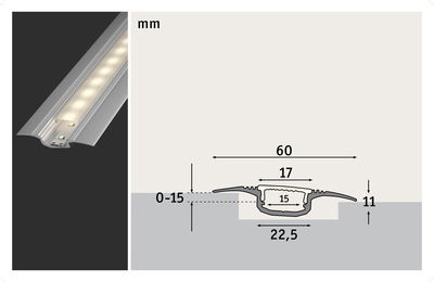 Silver aluminum LED profile with frosted cover, technical drawing showing dimensions in mm for recessed lighting.