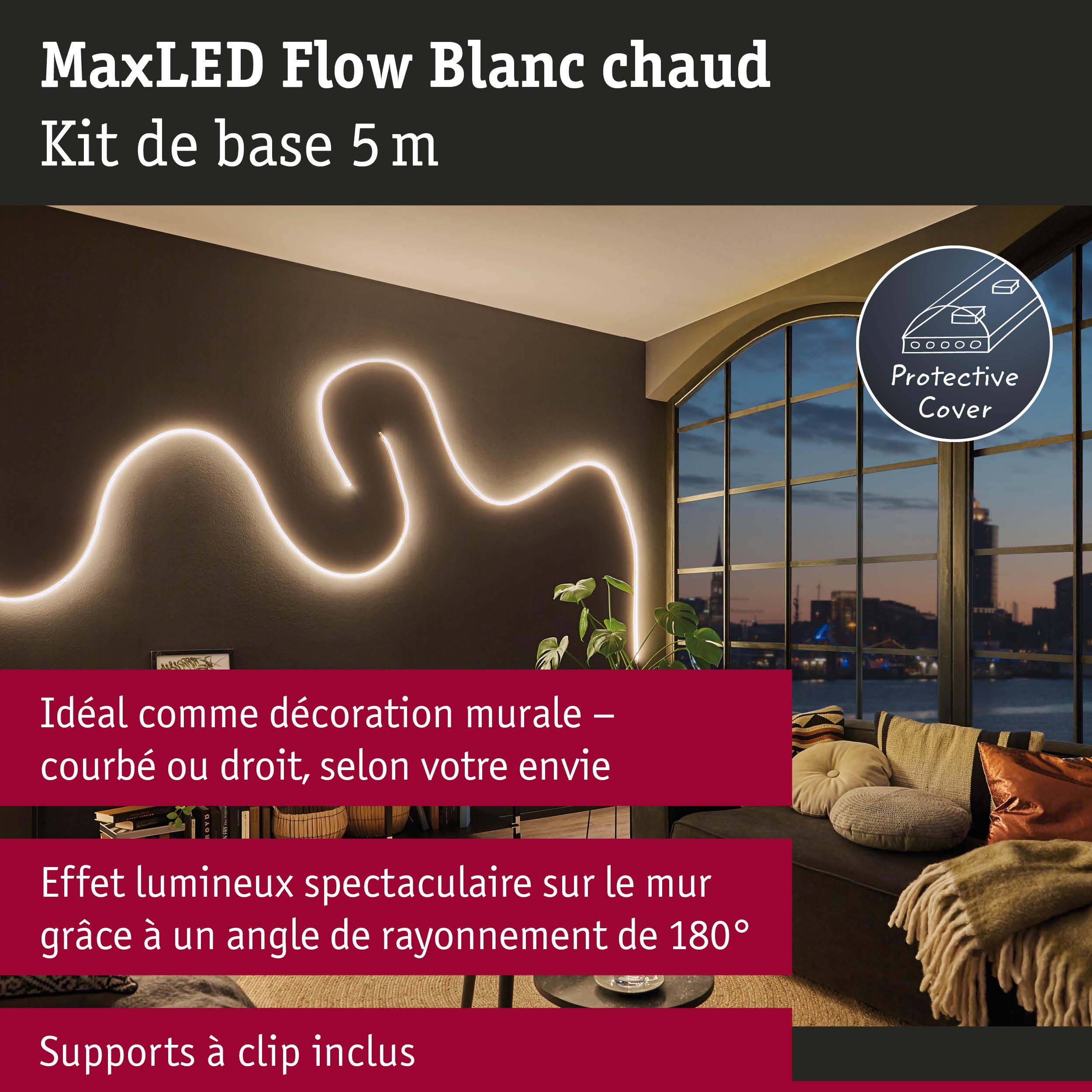 MaxLED Flow 5 m lumière LED blanc chaud avec protection, décoration murale flexible et éclairage d'ambiance