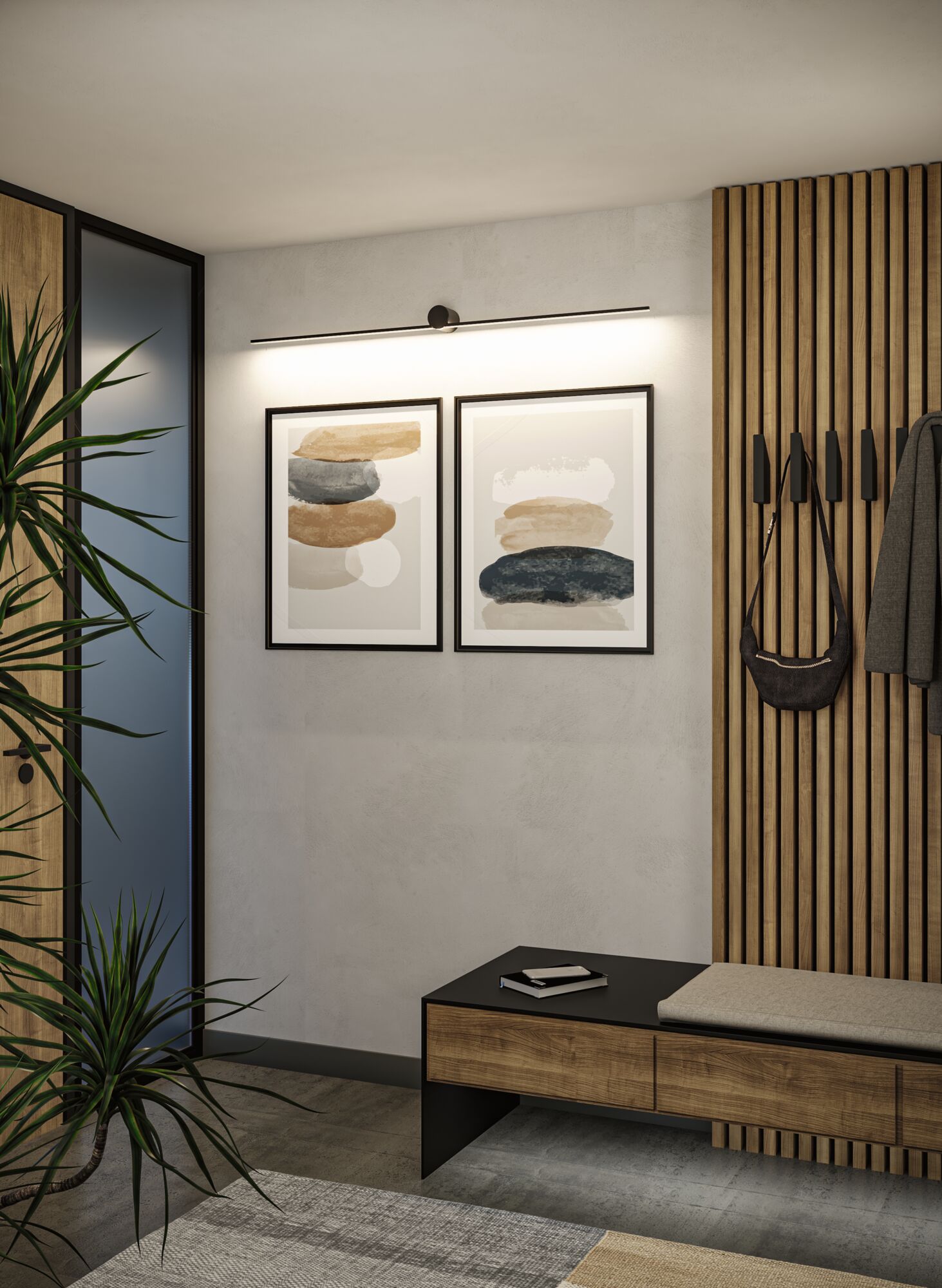 Slim black LED picture light above two abstract art prints in modern hallway with wood paneling.