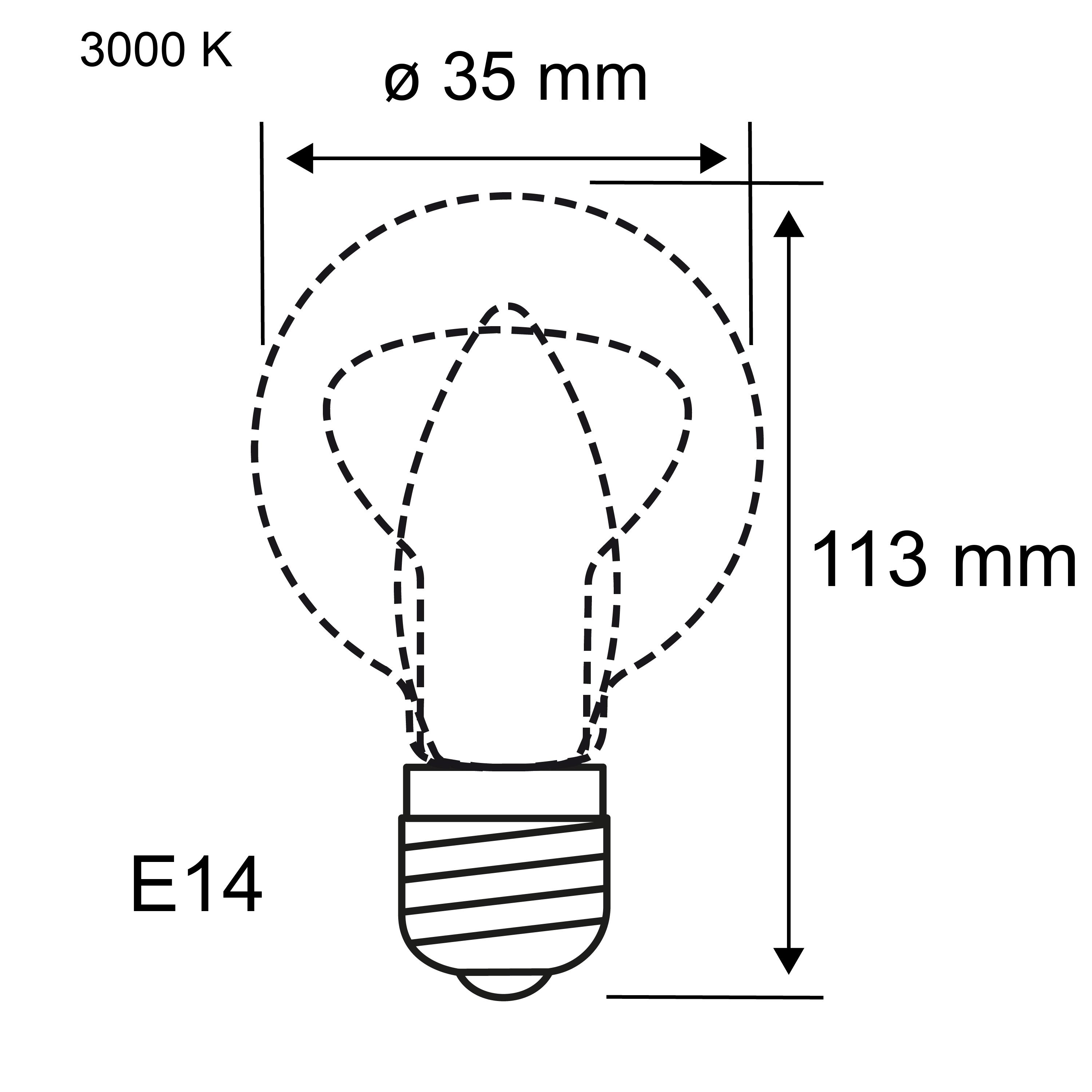 Teknisk tegning af E14 LED-pære med 35 mm diameter og 113 mm længde, 3000 K varm lysfarve