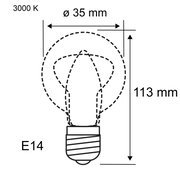 Technische Zeichnung einer E14 LED-Glühbirne mit 35 mm Durchmesser und 113 mm Länge, 3000 K Lichtfarbe