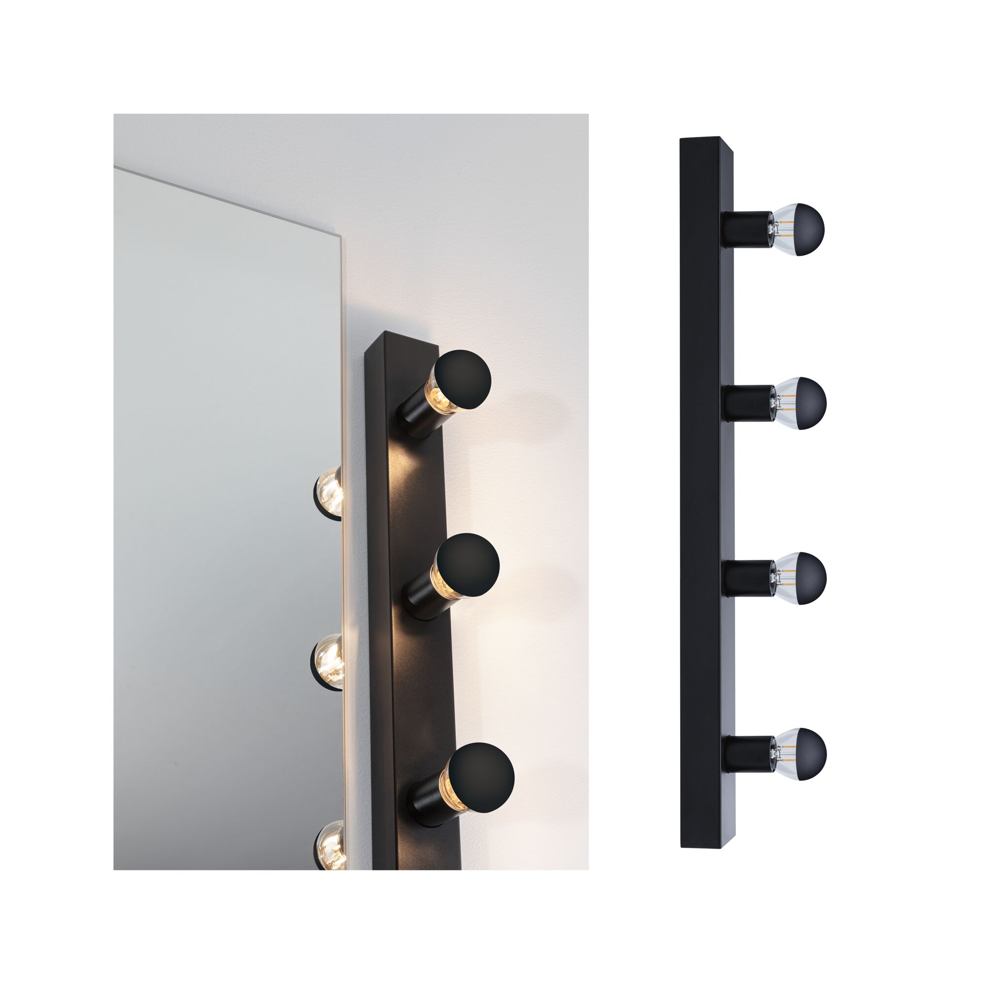 Spiegelleuchte Regula II IP44 E14 230V max. 4x40W dimmbar Schwarz Schwarze LED-Spiegelleuchte aus Metall mit drei runden Lampen für modernes Badlicht
