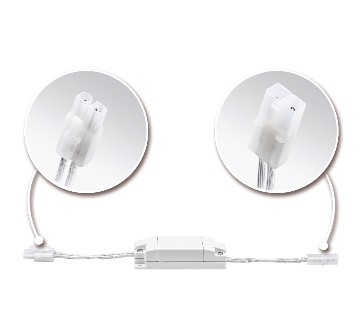 White LED connector adapter with transparent cables and close-up views of plug connections for lighting systems