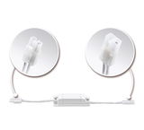 White LED connector adapter with transparent cables and close-up views of plug connections for lighting systems