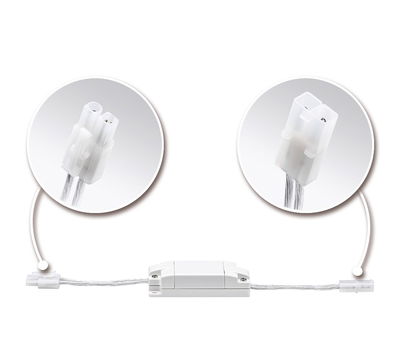 White LED connector adapter with transparent cables and close-up views of plug connections for lighting systems