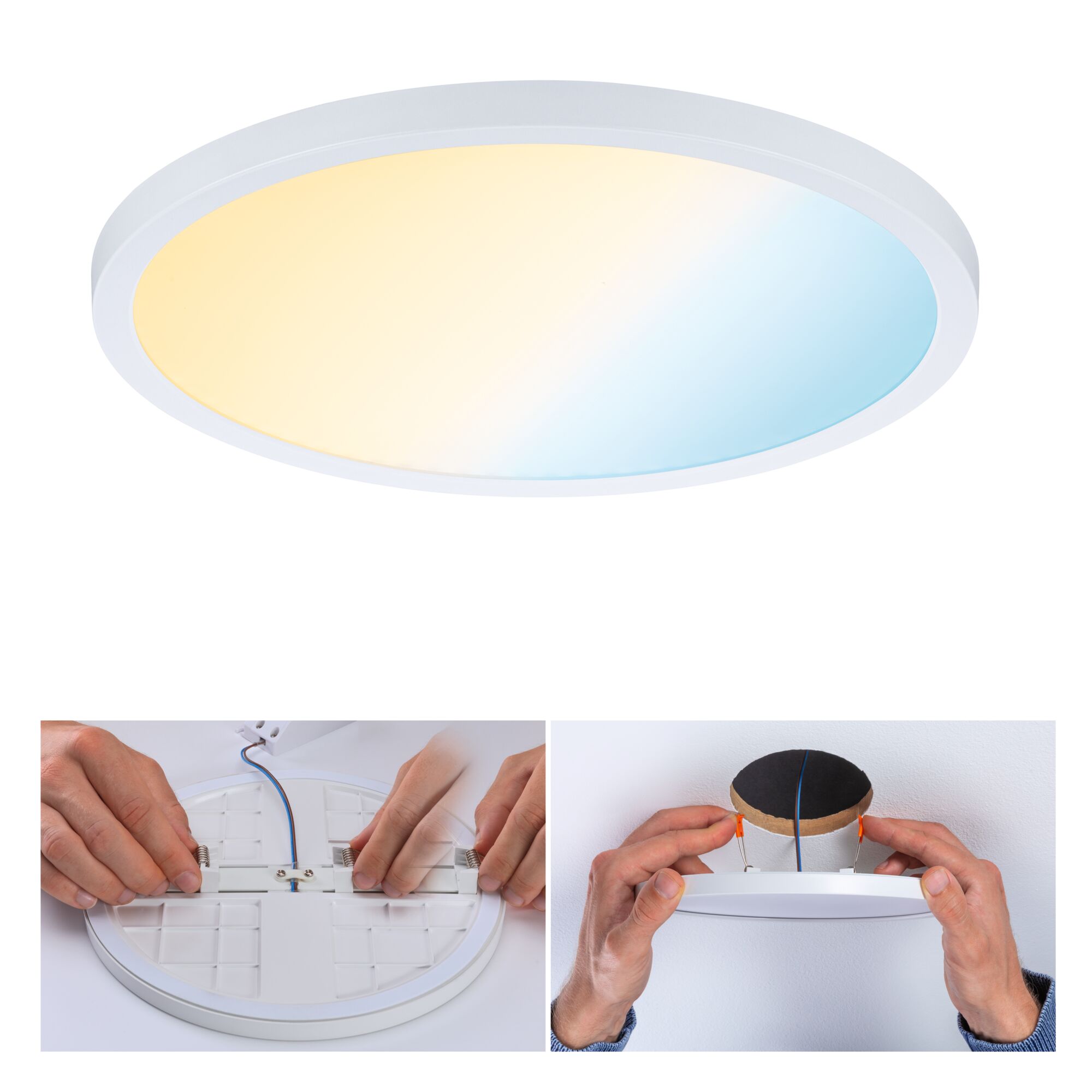 Round LED ceiling light with adjustable color temperature in white, shown with installation steps.
