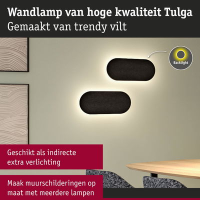 Tulga wandlamp van zwart vilt met indirecte warmwitte LED-achtergrondverlichting voor sfeerverlichting