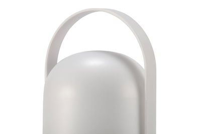 Modern white LED table lamp with arched metal handle for ambient lighting in living spaces