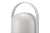 Modern white LED table lamp with arched metal handle for ambient lighting in living spaces