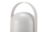 Modern white LED table lamp with arched metal handle for ambient lighting in living spaces