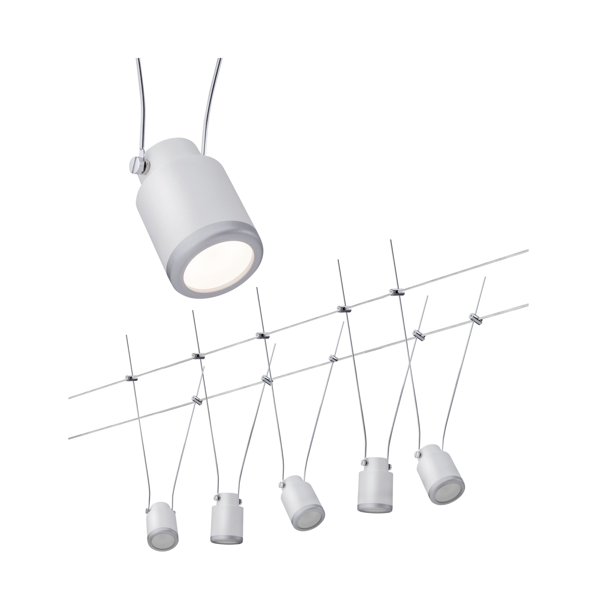 Modern white cable lighting system with six adjustable metal LED spotlights for flexible illumination