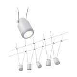 Modern white cable lighting system with six adjustable metal LED spotlights for flexible illumination
