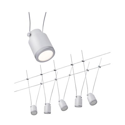 Modern white cable lighting system with six adjustable metal LED spotlights for flexible illumination