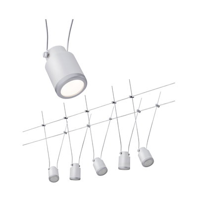 Modern wit kabelverlichtingssysteem met zes verstelbare metalen LED-spotlights voor flexibele verlichting