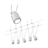 Modern white cable lighting system with six adjustable metal LED spotlights for flexible illumination