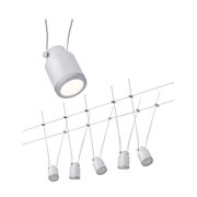Modern white cable lighting system with six adjustable metal LED spotlights for flexible illumination