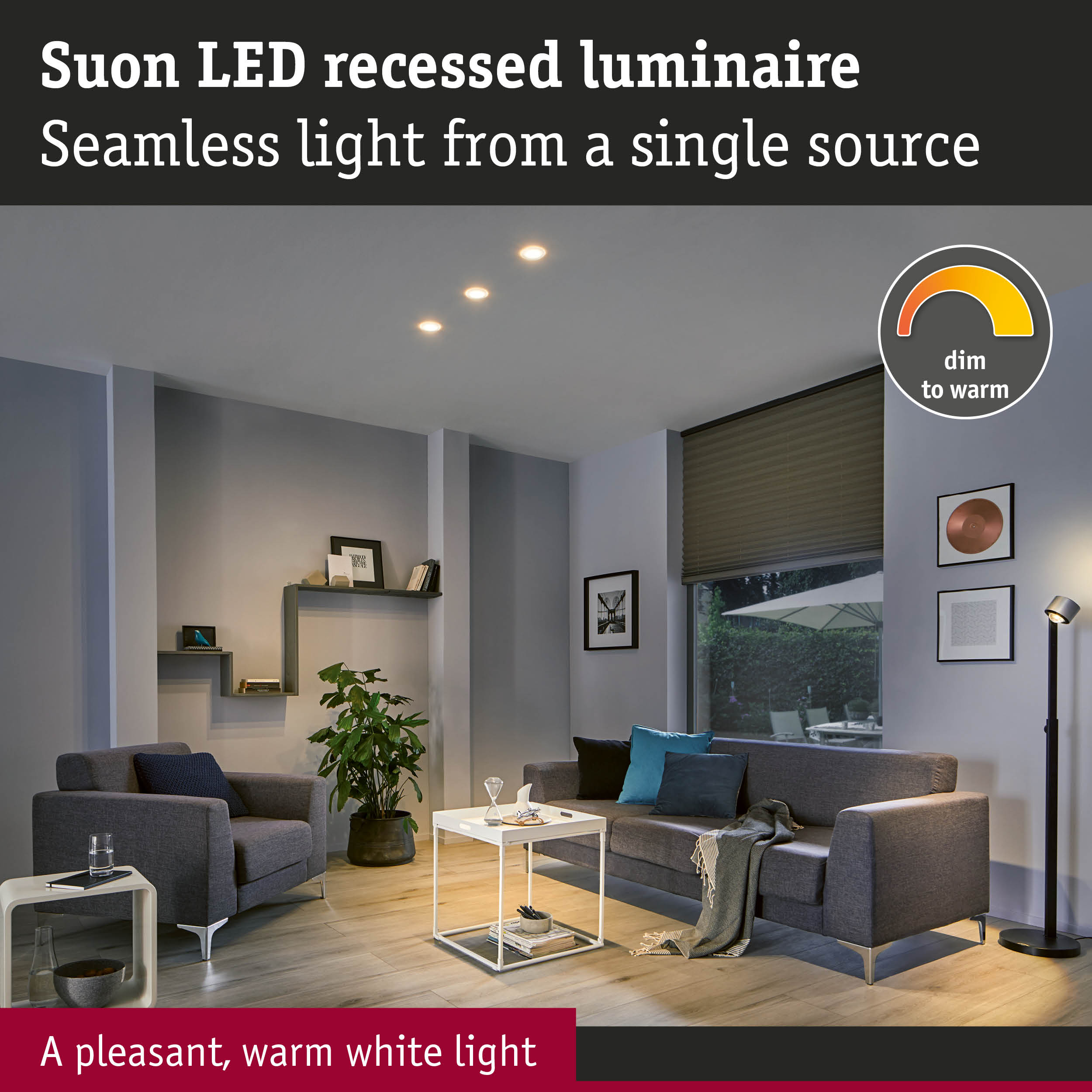 Modern living room with grey sofa and dimmable warm white LED recessed spotlights