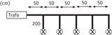 Technical drawing of 5-chain connection with 50 cm spacing and 200 cm lead from transformer.