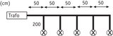 Schéma technique d'une chaîne de 5 lampes espacées de 50 cm avec câble de 200 cm depuis le transformateur.