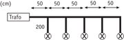 Teknisk tegning af 5-leddet kæde med 50 cm afstand og 200 cm ledning fra transformator.