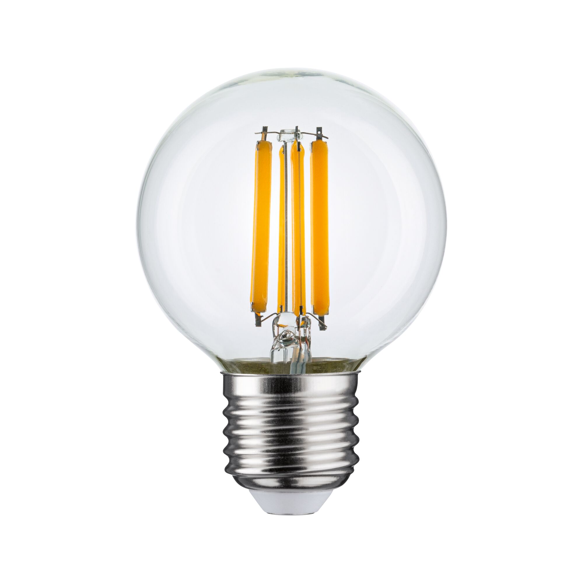 Kleine LED-Filament-Glühbirne mit transparentem Glas und silberner Fassung für energiesparende Beleuchtung