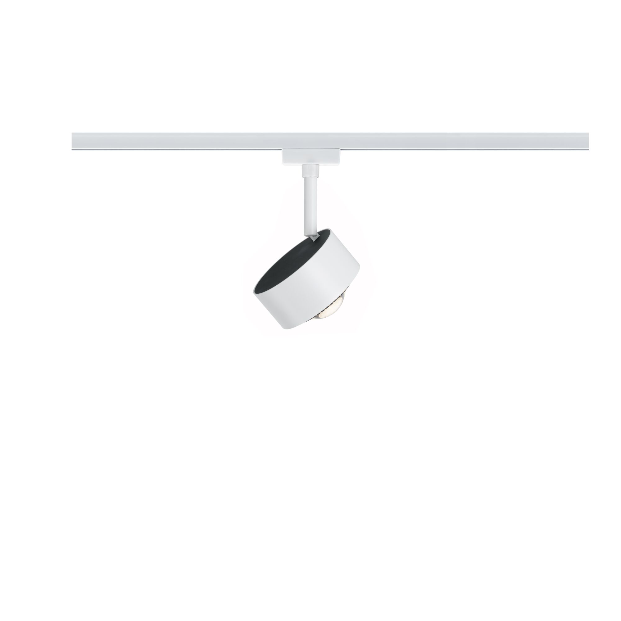 Moderner weißer LED-Strahler aus Metall an Schienensystem für flexible Raumbeleuchtung