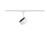 Moderner weißer LED-Strahler aus Metall an Schienensystem für flexible Raumbeleuchtung