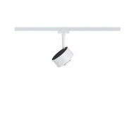 Moderner weißer LED-Strahler aus Metall an Schienensystem für flexible Raumbeleuchtung