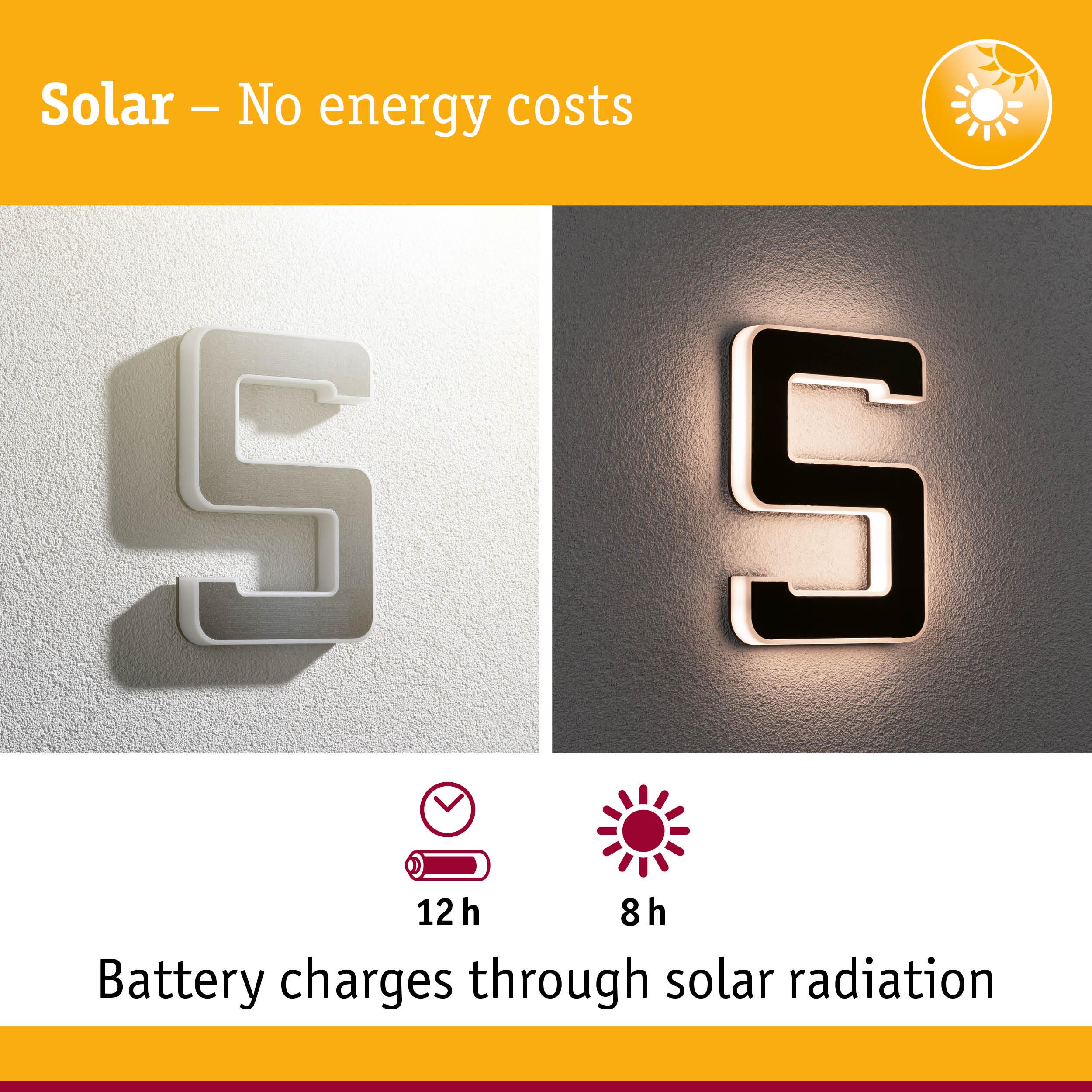 Solar-powered S-shaped LED wall light with white housing and warm white glow for energy-saving lighting