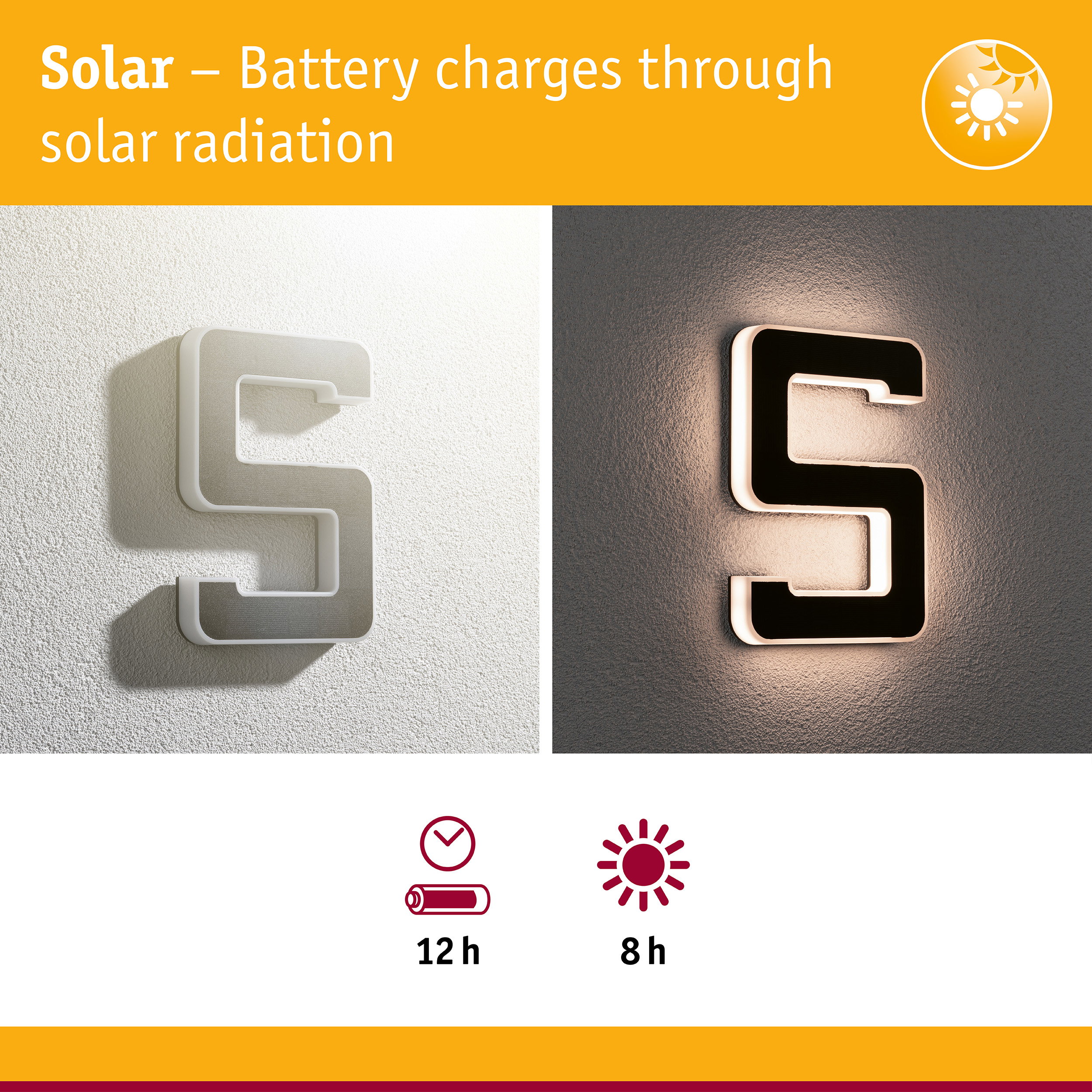 Solar LED wall light in white and black with 12h battery life and 8h solar charging time