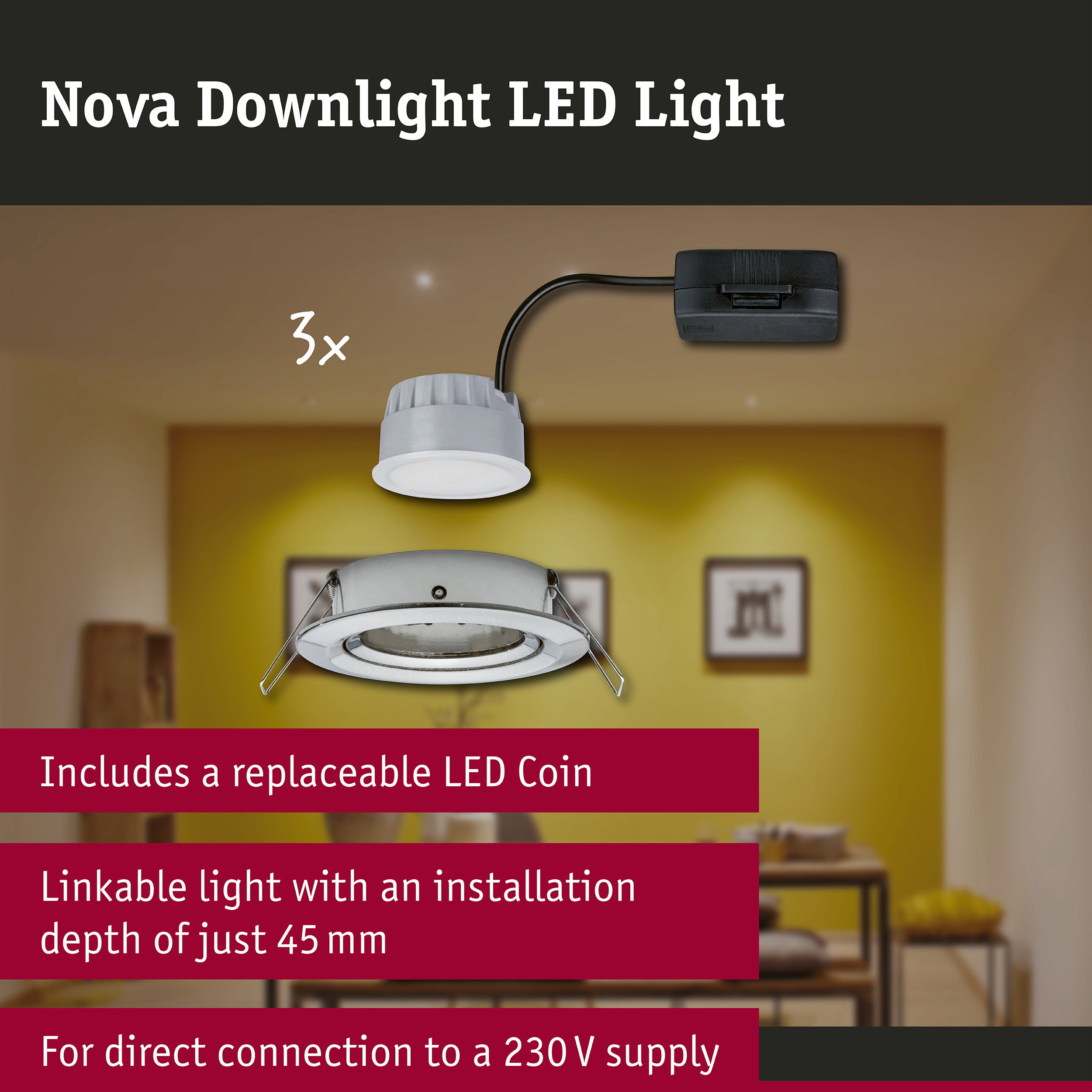 LED Downlight 3-Step-Dim Nova Coin Basic Set Swivelling round 84mm 50° Coin 3x6W 3x470lm 230V dimmable 2700K Brushed iron