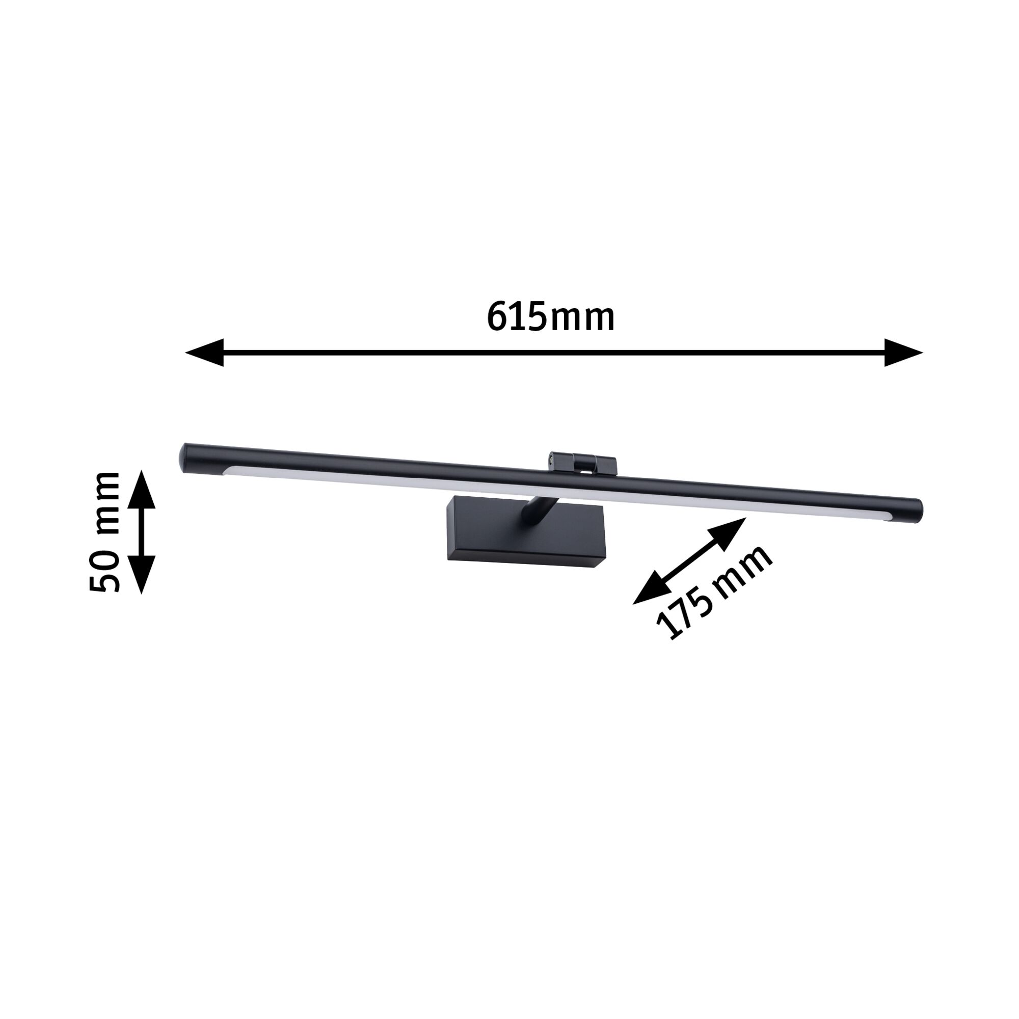 Zwarte metalen LED-wandlamp van 615 mm lang en 50 mm hoog, moderne binnenverlichting