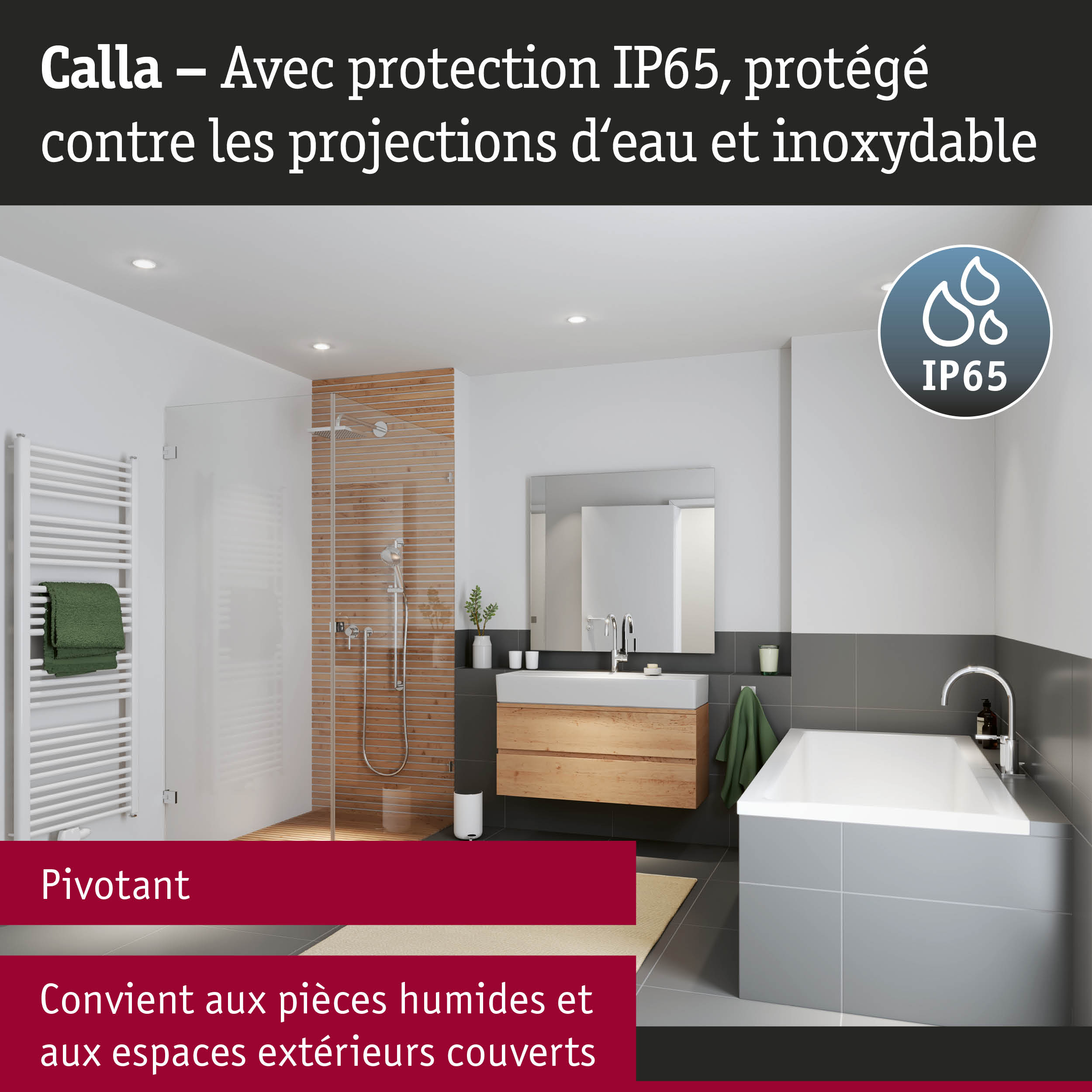Salle de bain moderne avec éclairage LED Calla IP65, résistant à l'humidité et pivotant
