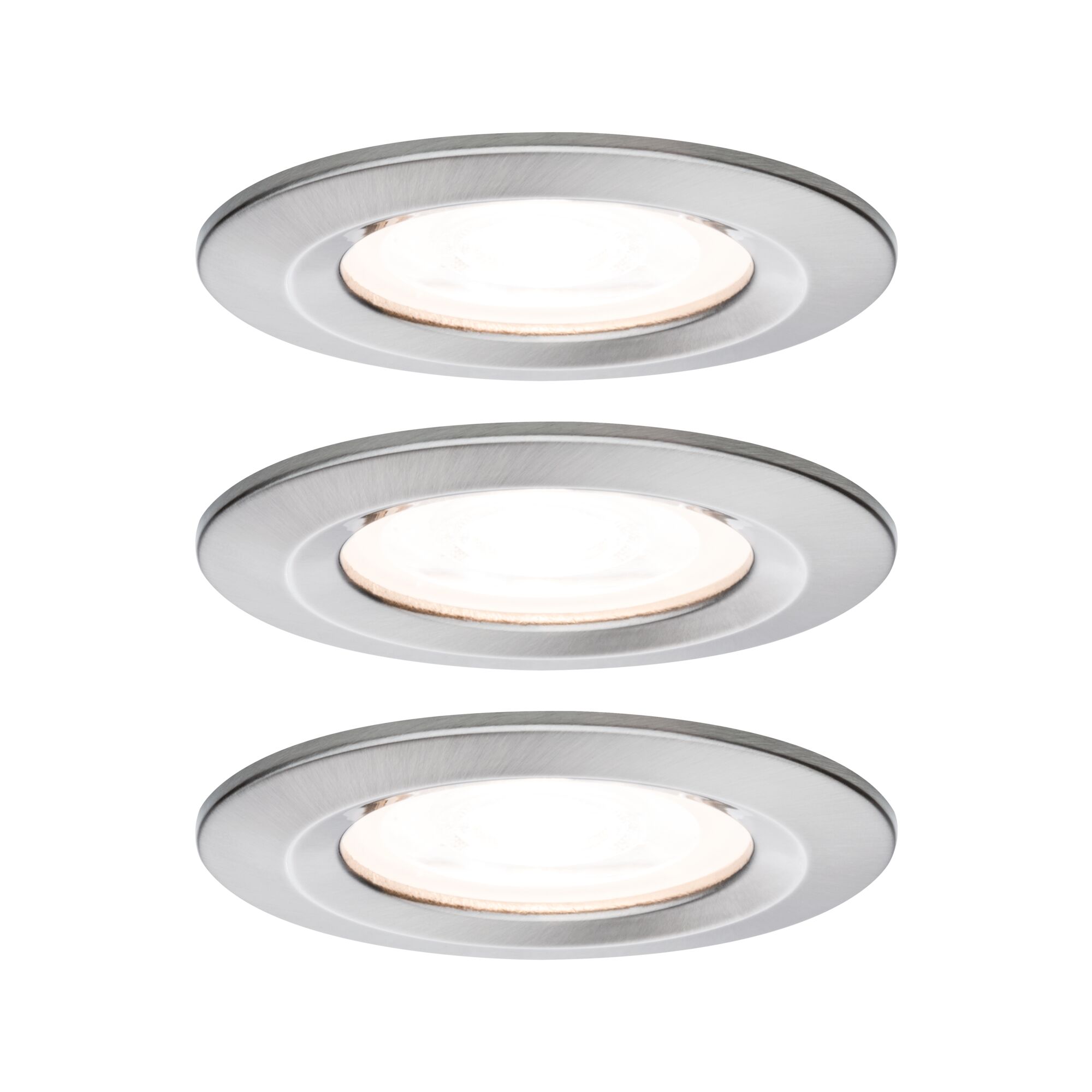 Three round recessed lights in brushed aluminum with warm white LED light for living spaces