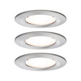 Three round recessed lights in brushed aluminum with warm white LED light for living spaces