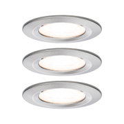 Three round recessed lights in brushed aluminum with warm white LED light for living spaces