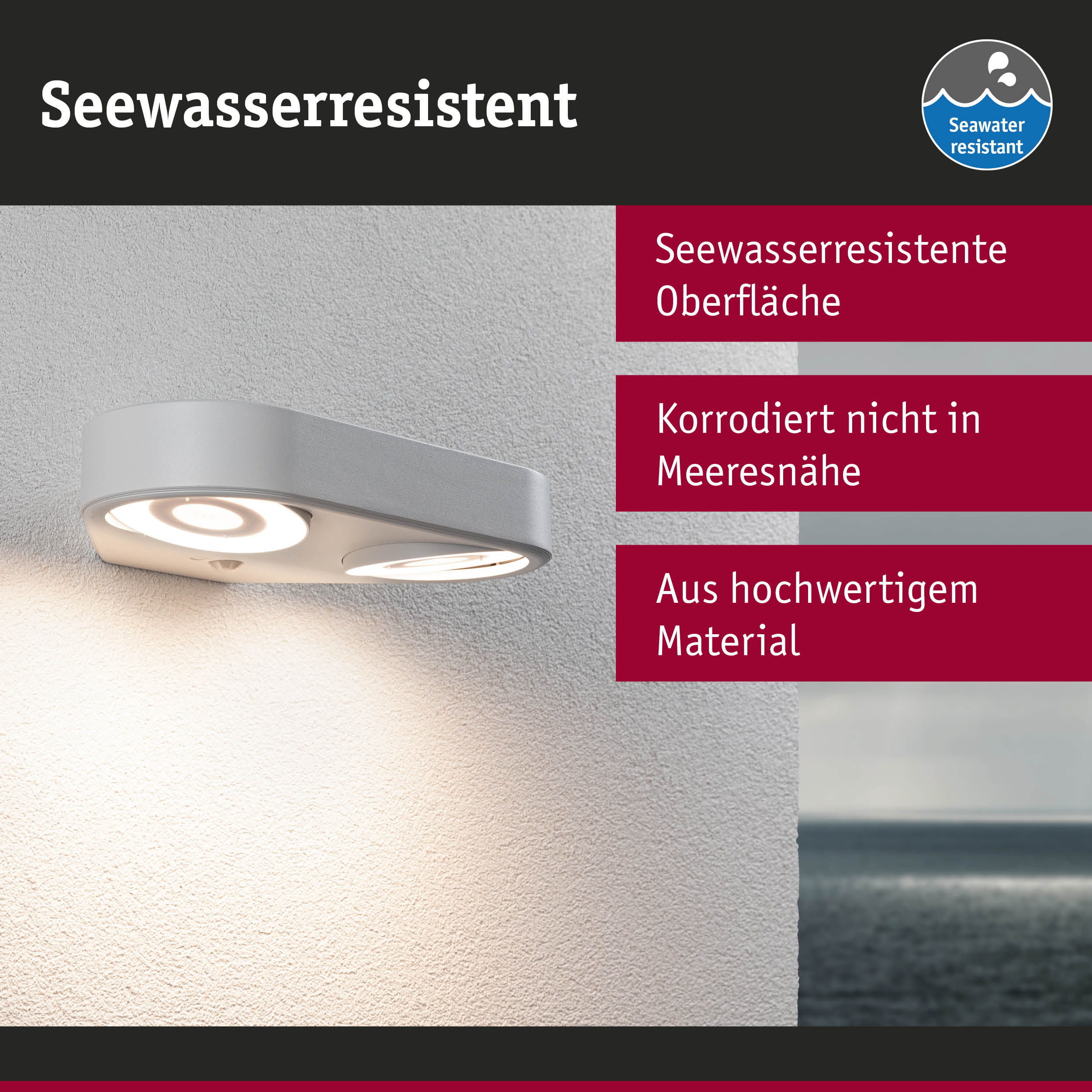 Seewasserresistente weiße Außenwandleuchte aus hochwertigem Material mit LED-Licht