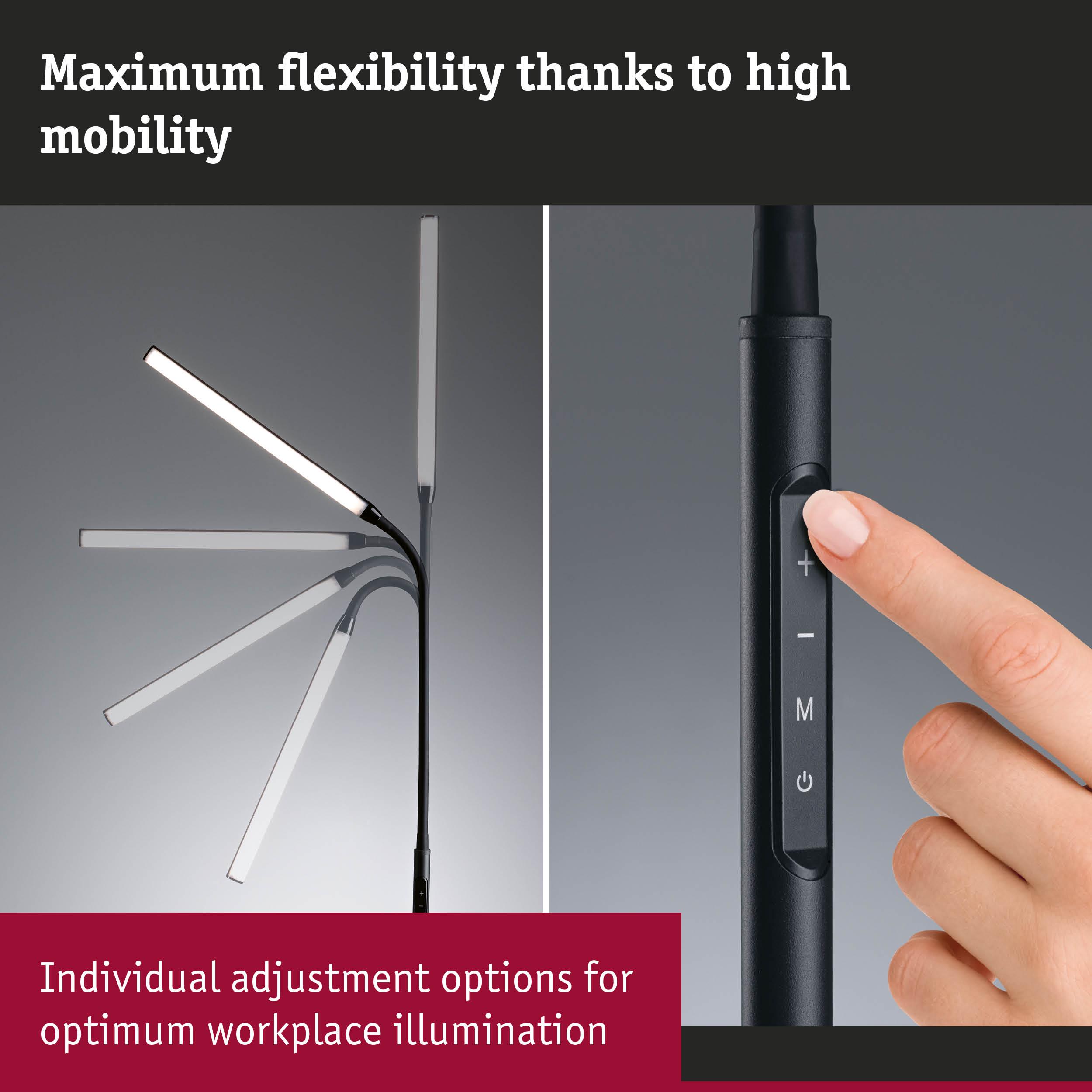 Flexible black LED desk lamp with adjustable brightness and movable arm for optimal office lighting