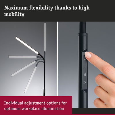 Flexible black LED desk lamp with adjustable brightness and movable arm for optimal office lighting