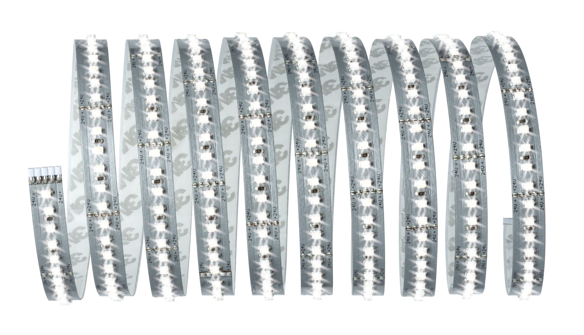 Flexible LED strip with white LEDs on silver circuit board, 24V power supply, lighting tape