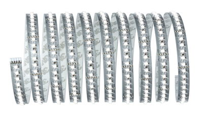 Flexible LED strip with white LEDs on silver circuit board, 24V power supply, lighting tape
