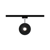 Black round metal LED spotlight on track system for modern indoor lighting solutions