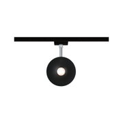 Black LED ceiling light with round reflector and chrome rod for modern room lighting