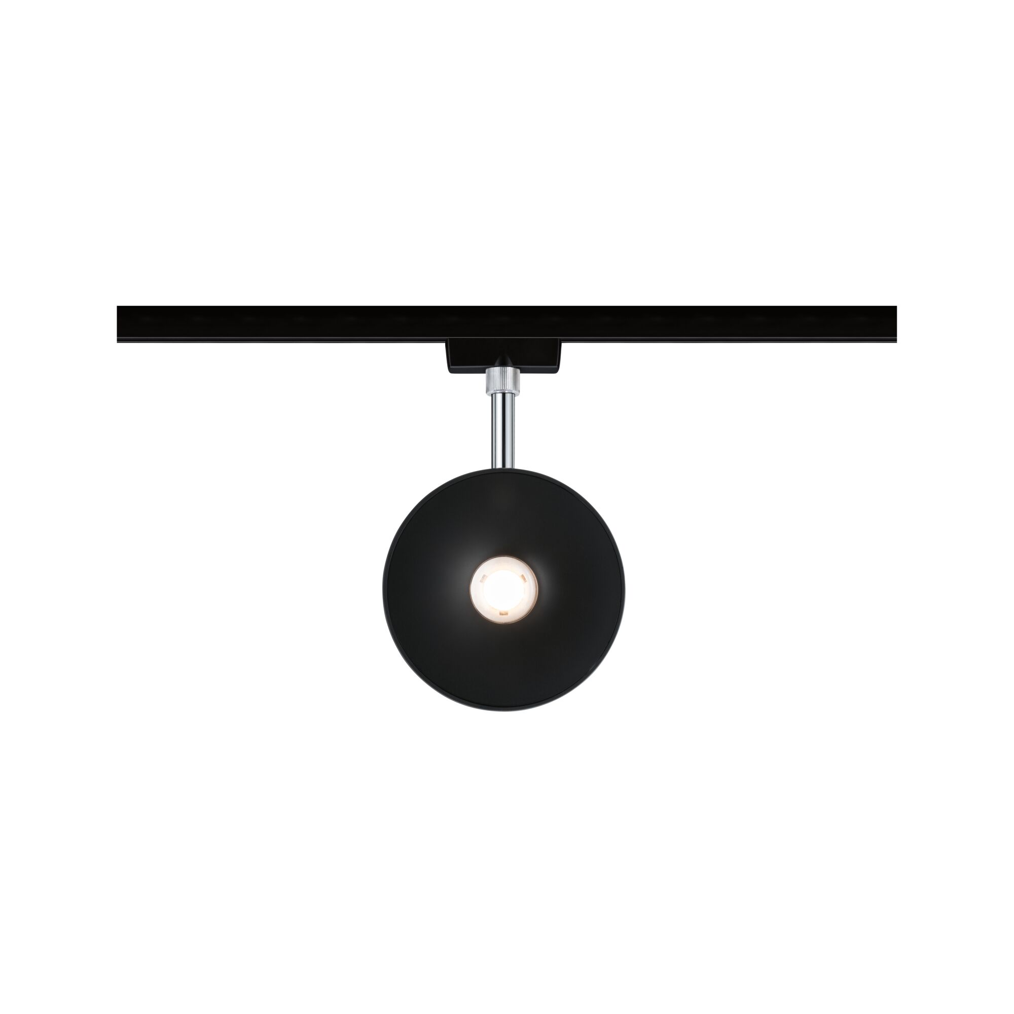 Black LED ceiling light with round reflector and chrome rod for modern room lighting