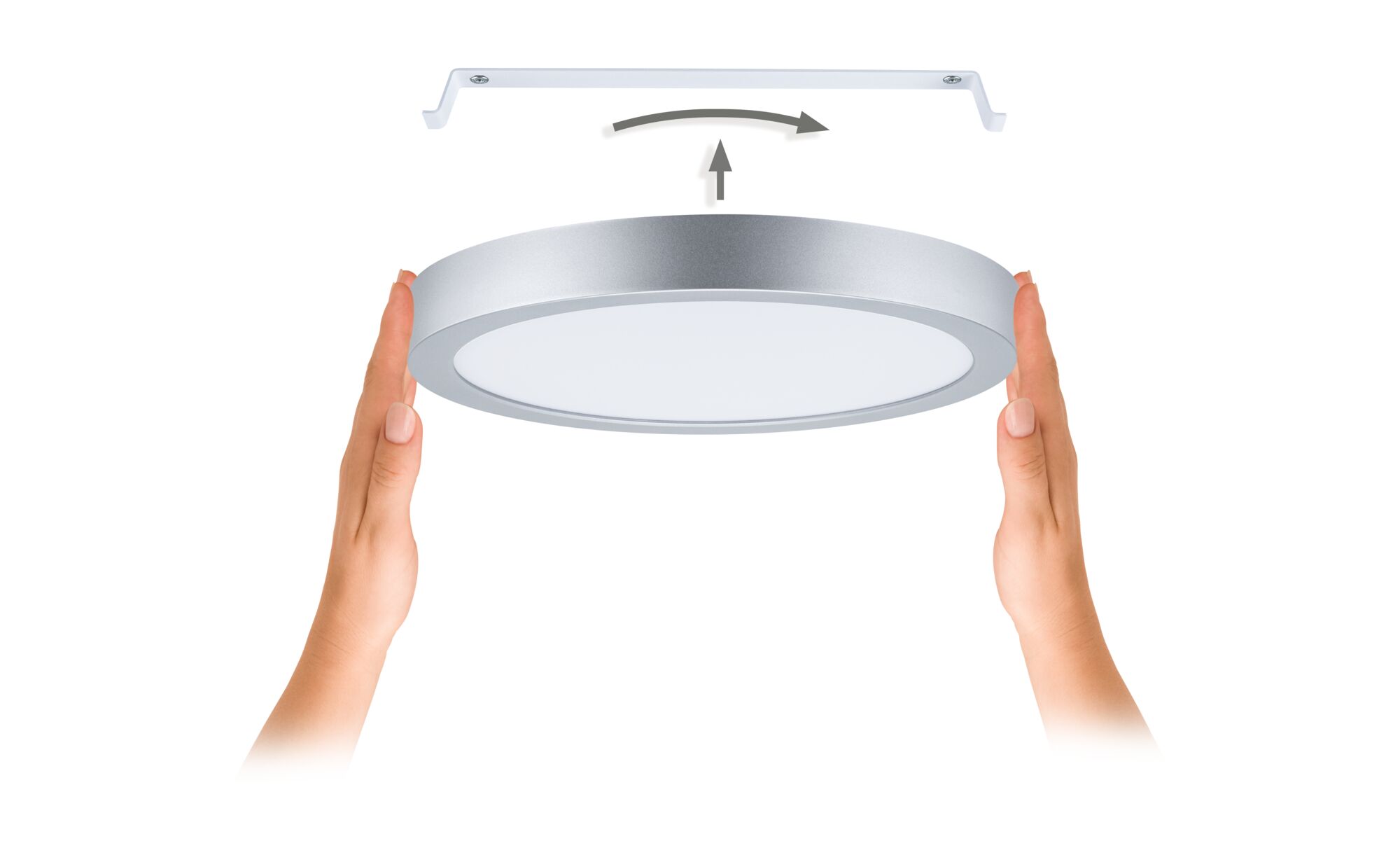 Rundes LED-Deckenlicht aus silbernem Aluminium mit weißem Diffusor, einfache Montage gezeigt