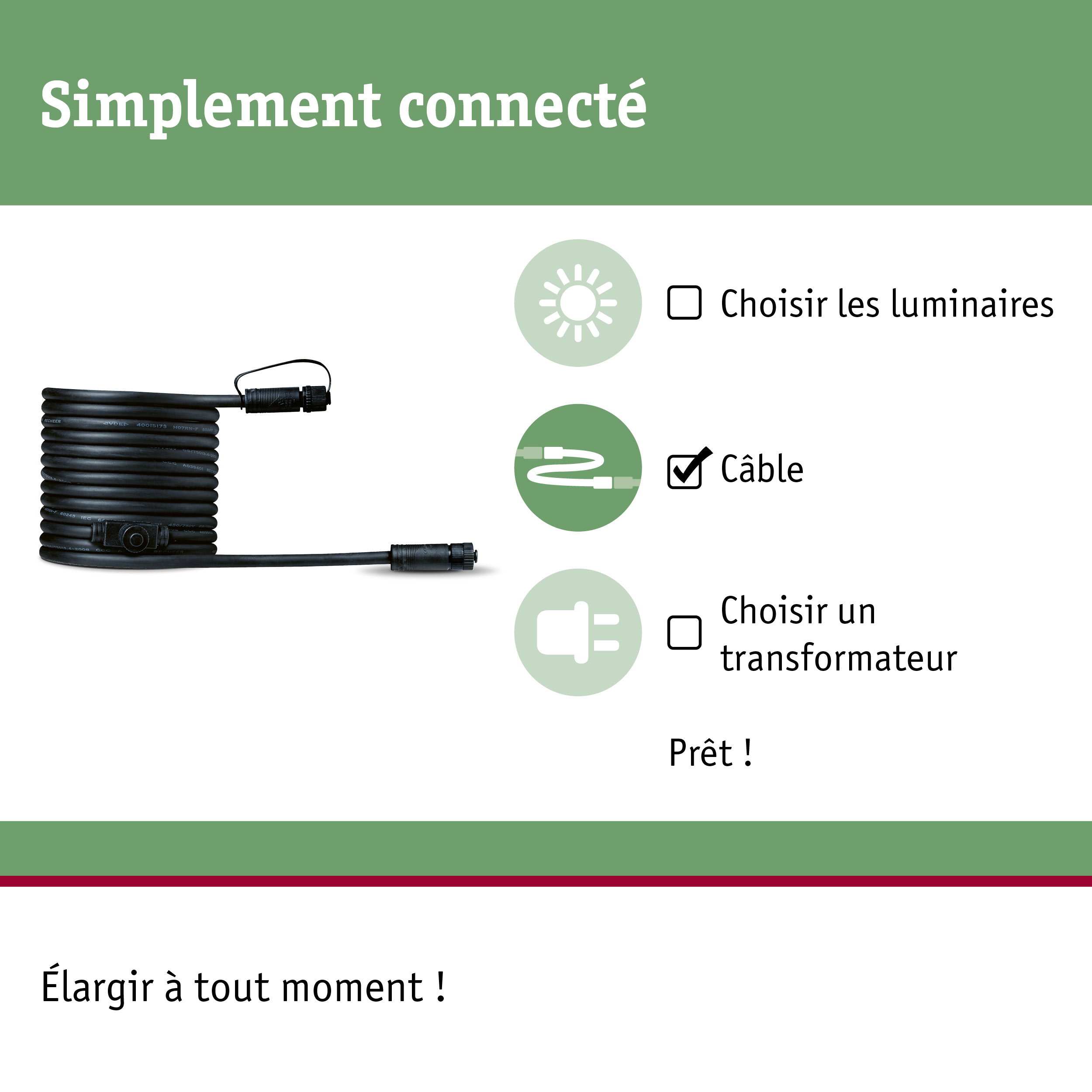 Câble d'extension noir avec connecteurs pour systèmes d'éclairage LED et technologie lumineuse