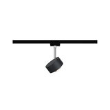 Black metal LED spotlight on track system, adjustable for focused room lighting