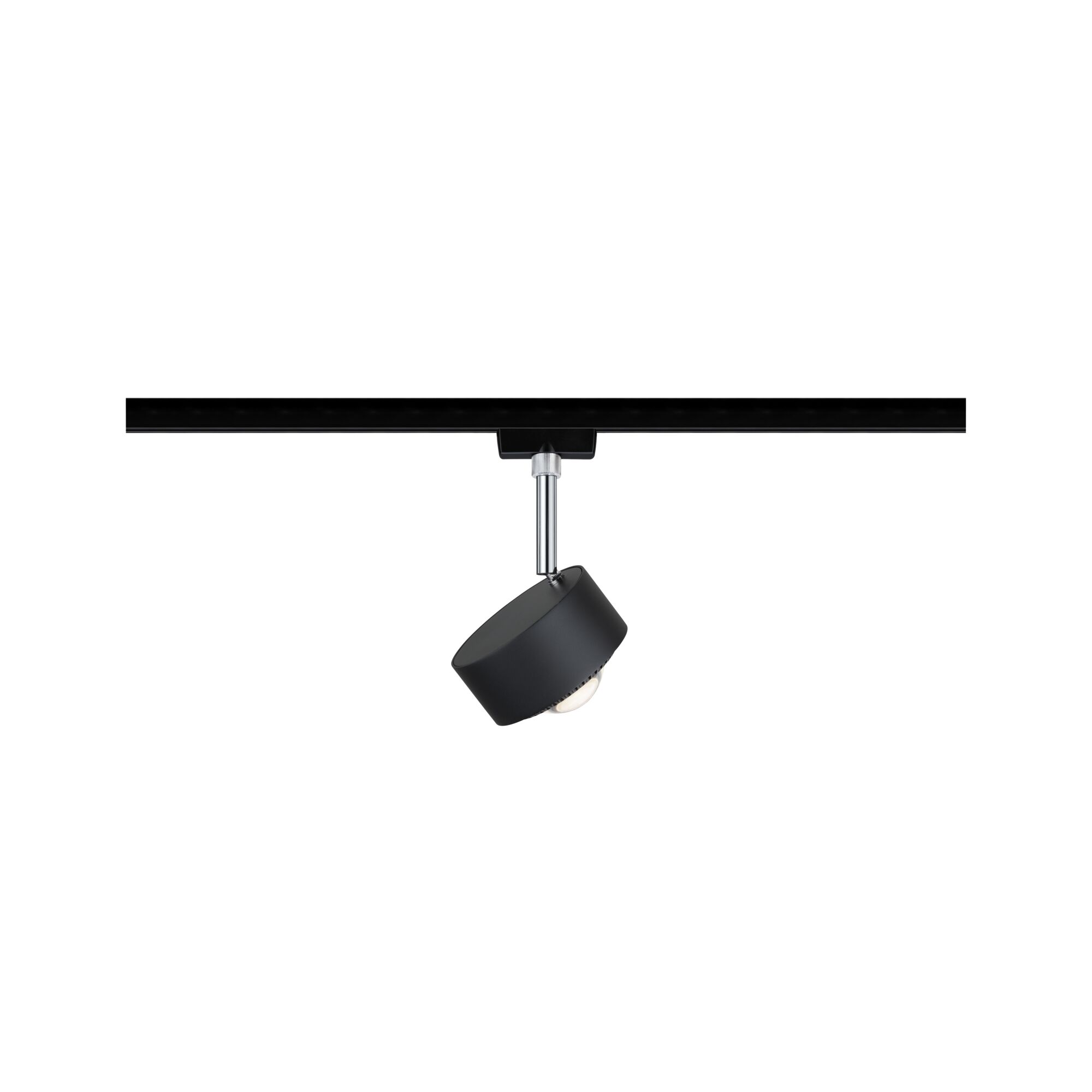 Black metal LED spotlight on track system, adjustable for focused room lighting
